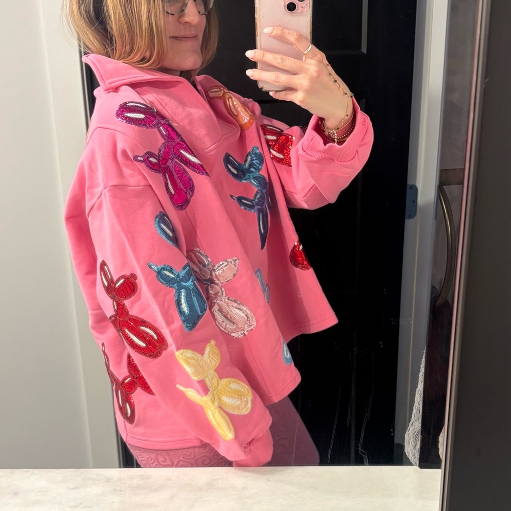 Queen Of Sparkles Balloon Dog Sweatshirt pullover Embroidered Pink Multicolor XL - Picture 6 of 12